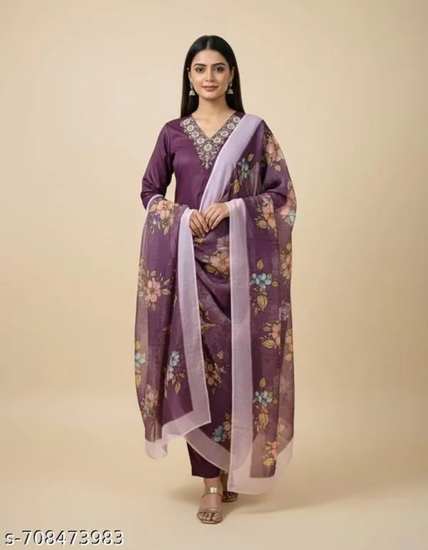 Purple_Rayon_And_Chanderi_Silk_Kurti_Pant_Dupatta_For_Women
