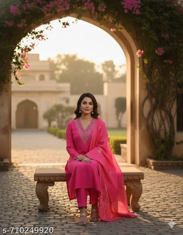 Pink_Rayon_And_Chanderi_Silk_Kurti_Pant_Dupatta_For_Women
