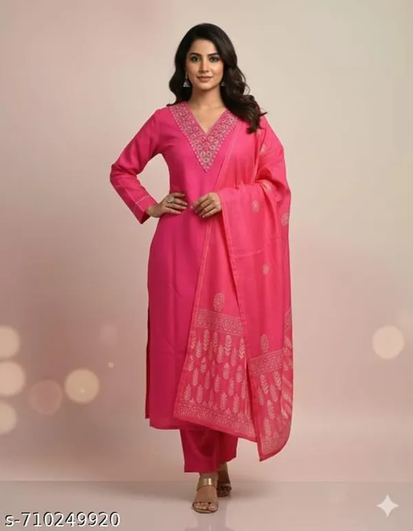 Pink_Rayon_And_Chanderi_Silk_Kurti_Pant_Dupatta_For_Women