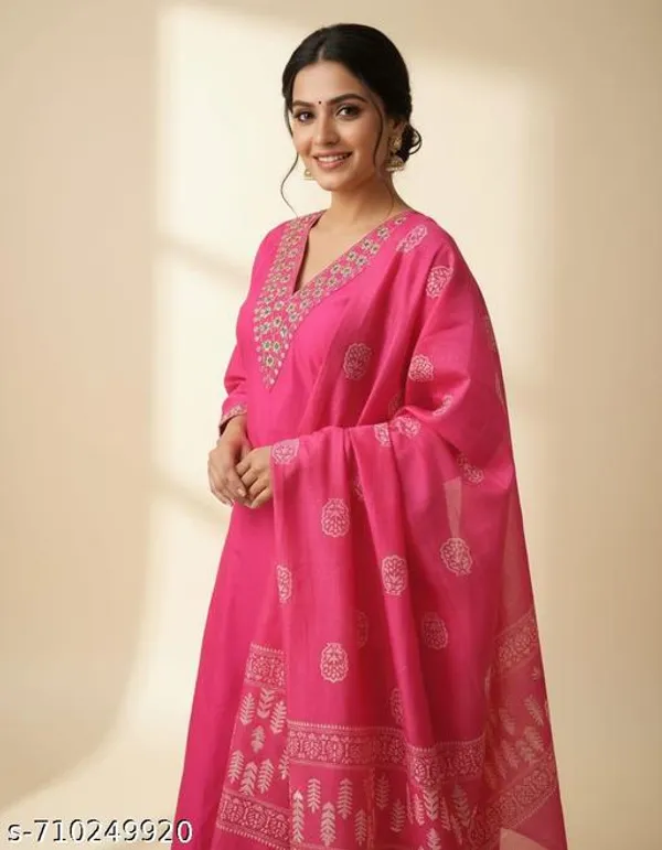 Pink_Rayon_And_Chanderi_Silk_Kurti_Pant_Dupatta_For_Women