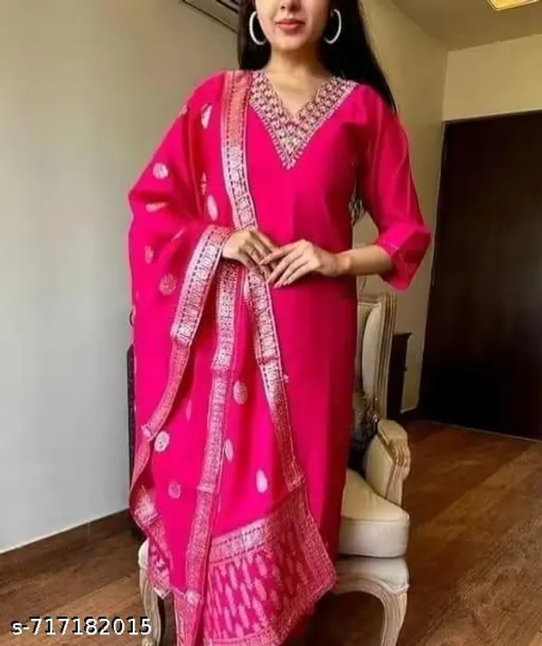 Pink_Rayon_And_Chanderi_Silk_Kurti_Bottomwear_Dupatta_For_Women