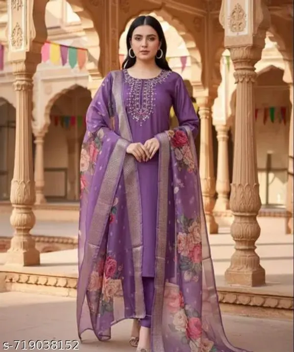 Purple_Rayon_And_Chanderi_Silk_Sets_Kurti_Bottomwear_And_Dupatta_For_Women