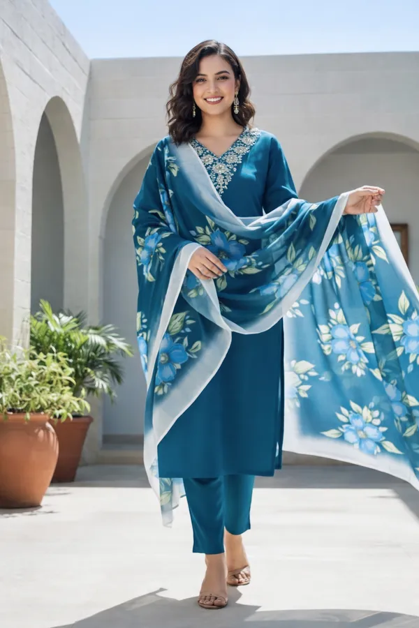 Teal_Rayon_And_Chanderi_Silk_Kurti_Pant_And_Dupatta_Set_For_Women