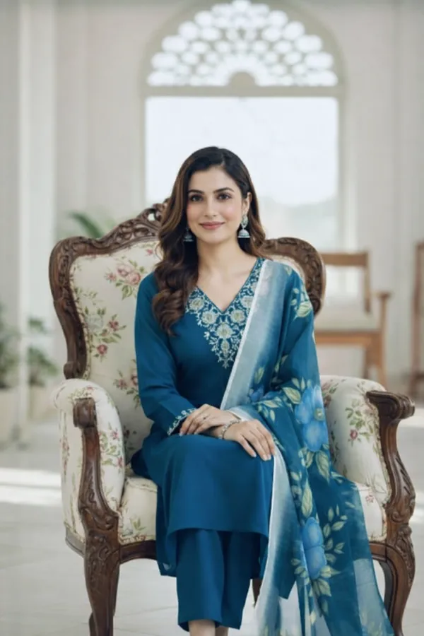 Teal_Rayon_And_Chanderi_Silk_Kurti_Pant_And_Dupatta_Set_For_Women