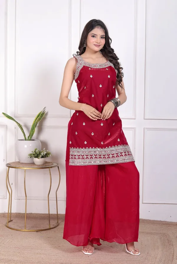Red_Silk_Embroidered_Kurti_Palazzo_Set_With_Dupatta_For_Women_And_Girls