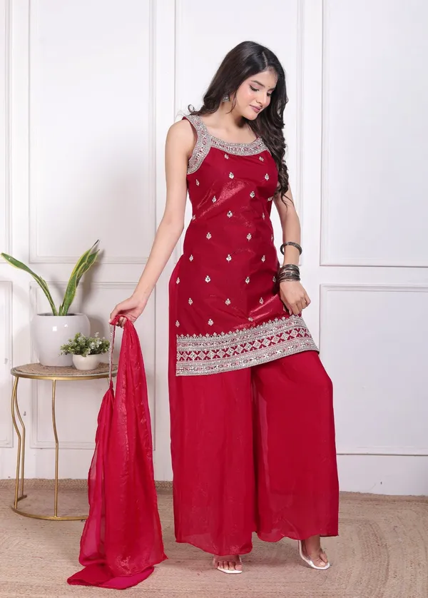 Red_Silk_Embroidered_Kurti_Palazzo_Set_With_Dupatta_For_Women_And_Girls