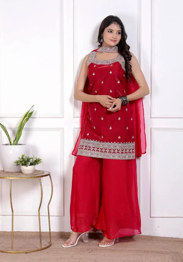 Red_Silk_Embroidered_Kurti_Palazzo_Set_With_Dupatta_For_Women_And_Girls
