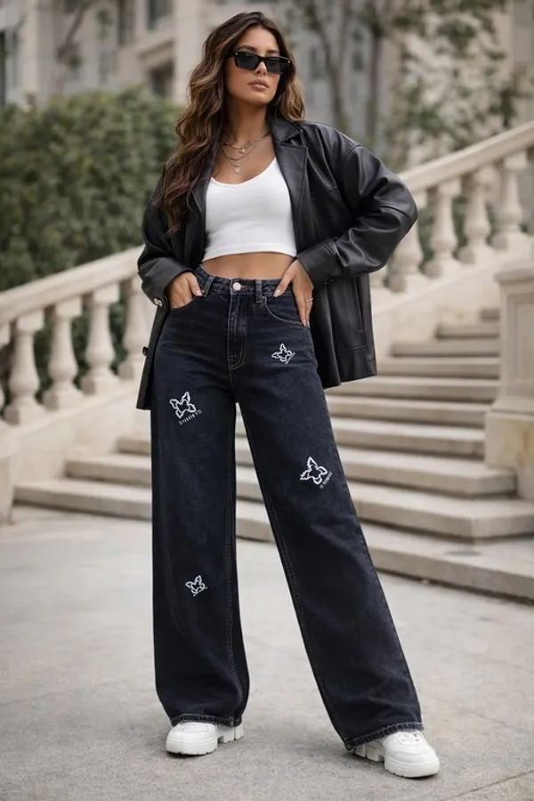Black_Denim_High_Rise_Wide_Leg_Jeans_For_Women_And_Girls