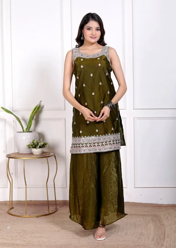 Olive_Silk_Embroidered_Kurti_Palazzo_Set_With_Dupatta_For_Women_And_Girls