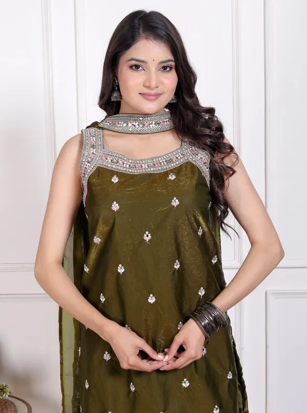 Olive_Silk_Embroidered_Kurti_Palazzo_Set_With_Dupatta_For_Women_And_Girls