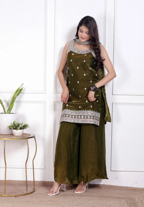 Olive_Silk_Embroidered_Kurti_Palazzo_Set_With_Dupatta_For_Women_And_Girls