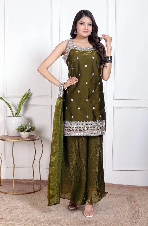 Olive_Silk_Embroidered_Kurti_Palazzo_Set_With_Dupatta_For_Women_And_Girls