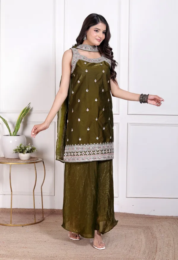 Olive_Silk_Embroidered_Kurti_Palazzo_Set_With_Dupatta_For_Women_And_Girls