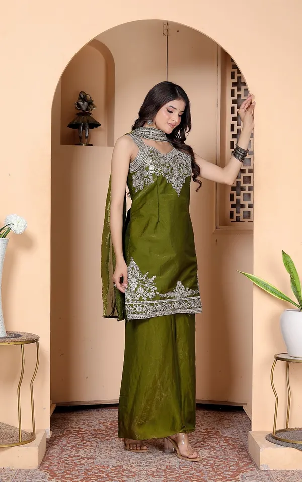 Olive_Georgette_Embroidered_Kurti_Palazzo_Set_With_Dupatta_For_Women_And_Girls