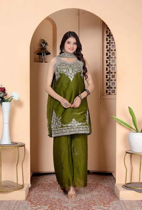Olive_Georgette_Embroidered_Kurti_Palazzo_Set_With_Dupatta_For_Women_And_Girls