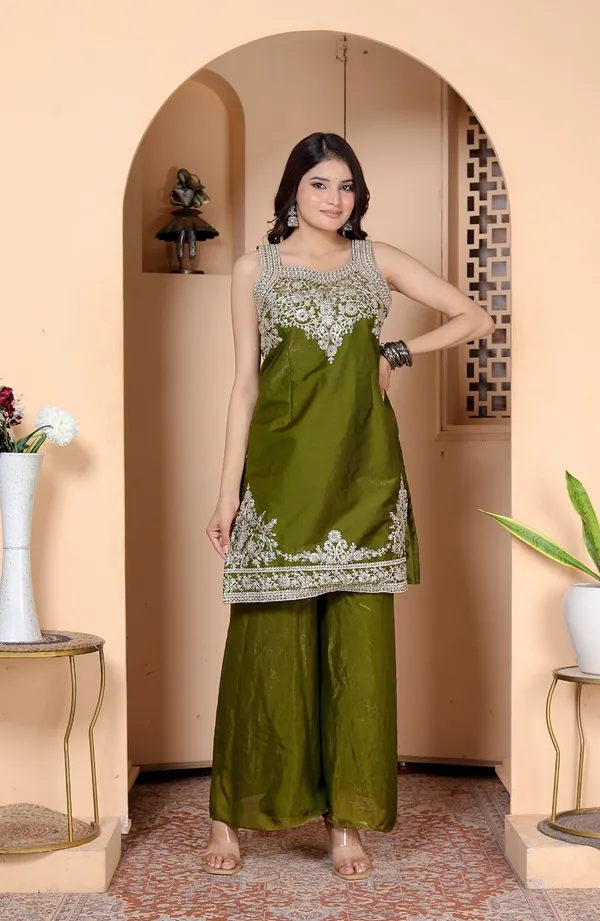 Olive_Georgette_Embroidered_Kurti_Palazzo_Set_With_Dupatta_For_Women_And_Girls