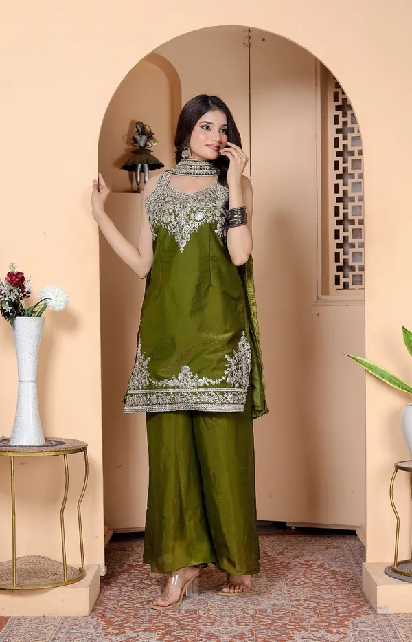 Olive_Georgette_Embroidered_Kurti_Palazzo_Set_With_Dupatta_For_Women_And_Girls