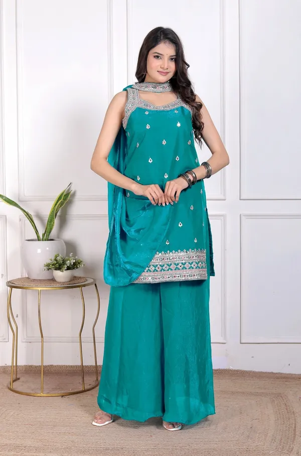 Teal_Green_Silk_Embroidered_Kurti_Palazzo_Set_With_Dupatta_For_Women_And_Girls