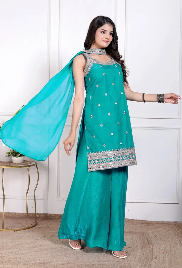 Teal_Green_Silk_Embroidered_Kurti_Palazzo_Set_With_Dupatta_For_Women_And_Girls