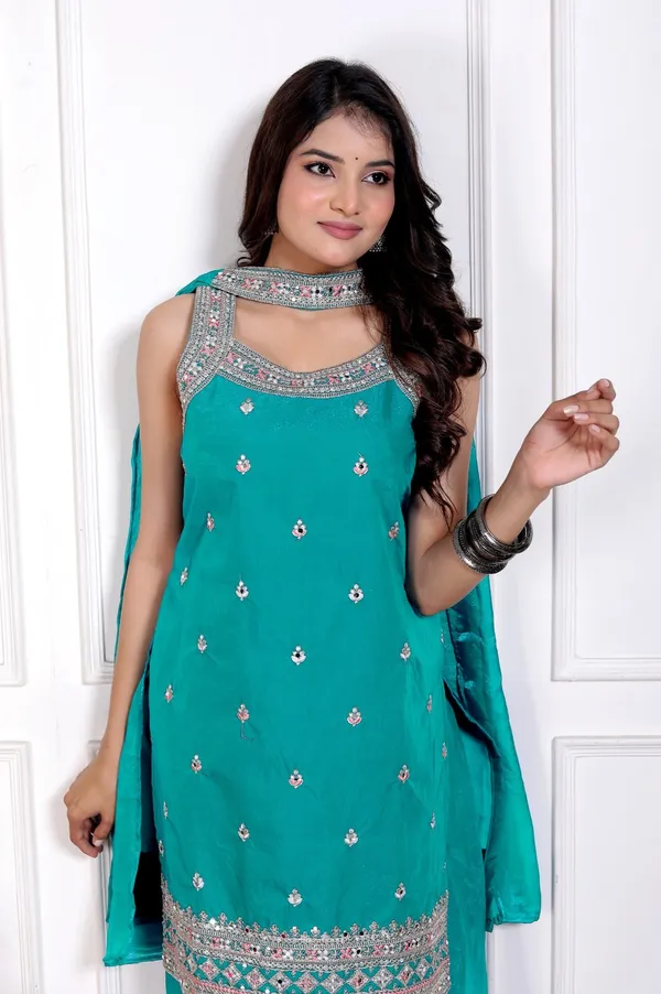 Teal_Green_Silk_Embroidered_Kurti_Palazzo_Set_With_Dupatta_For_Women_And_Girls