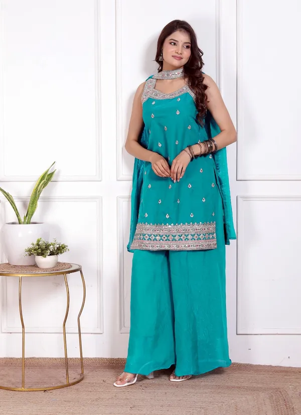 Teal_Green_Silk_Embroidered_Kurti_Palazzo_Set_With_Dupatta_For_Women_And_Girls