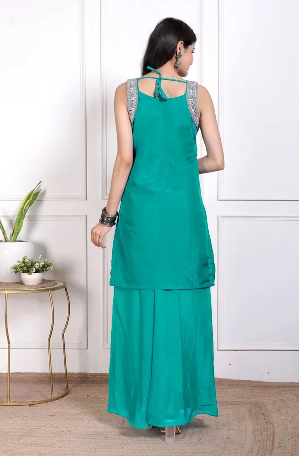 Teal_Green_Silk_Embroidered_Kurti_Palazzo_Set_With_Dupatta_For_Women_And_Girls