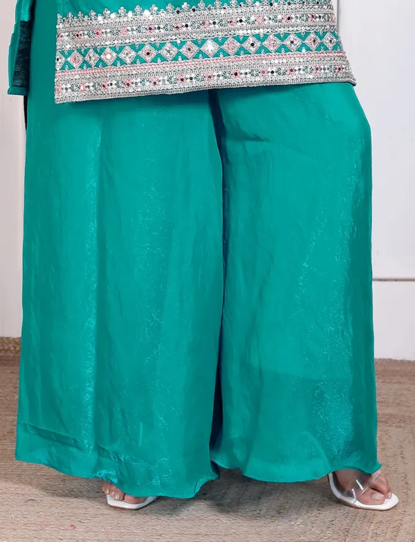 Teal_Green_Silk_Embroidered_Kurti_Palazzo_Set_With_Dupatta_For_Women_And_Girls