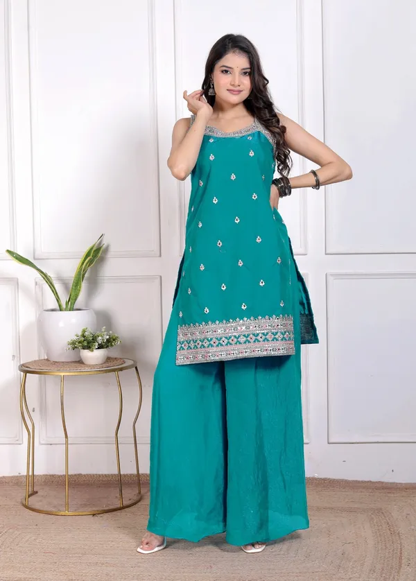 Teal_Green_Silk_Embroidered_Kurti_Palazzo_Set_With_Dupatta_For_Women_And_Girls