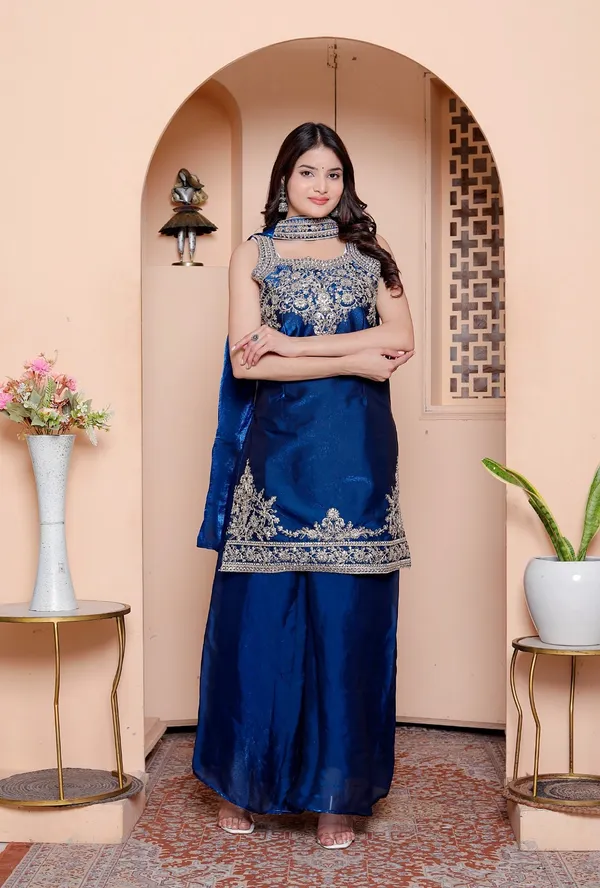 Navy_Blue_Silk_Embroidered_Kurti_Palazzo_Set_With_Dupatta_For_Women_And_Girls