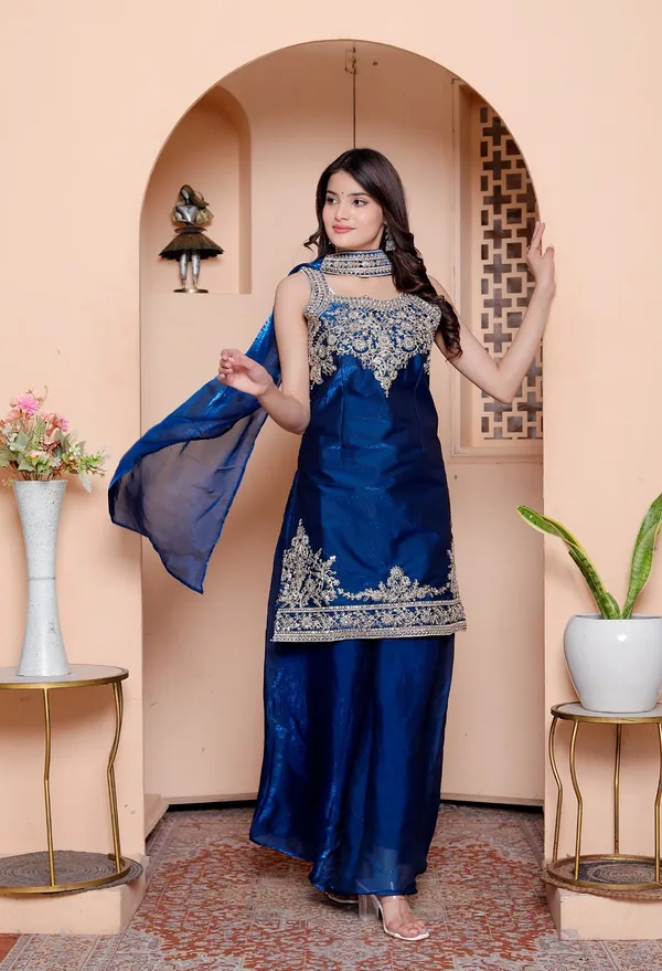 Navy_Blue_Silk_Embroidered_Kurti_Palazzo_Set_With_Dupatta_For_Women_And_Girls