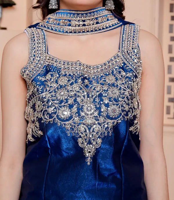 Navy_Blue_Silk_Embroidered_Kurti_Palazzo_Set_With_Dupatta_For_Women_And_Girls