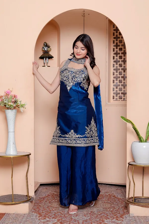 Navy_Blue_Silk_Embroidered_Kurti_Palazzo_Set_With_Dupatta_For_Women_And_Girls