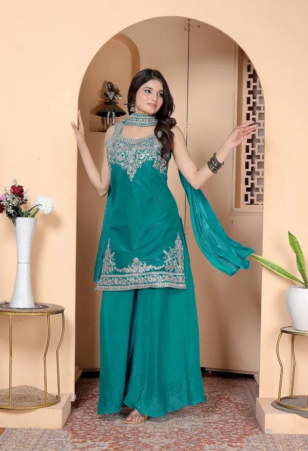 Teal_Green_Silk_Embroidered_Kurti_Palazzo_Set_With_Dupatta_For_Women_And_Girls