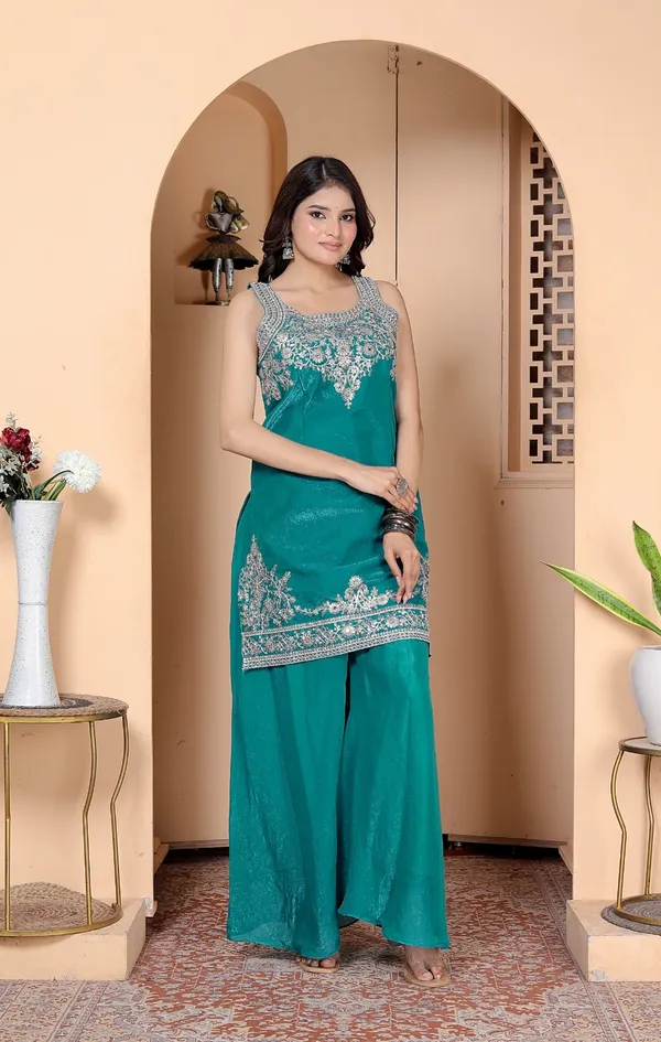 Teal_Green_Silk_Embroidered_Kurti_Palazzo_Set_With_Dupatta_For_Women_And_Girls