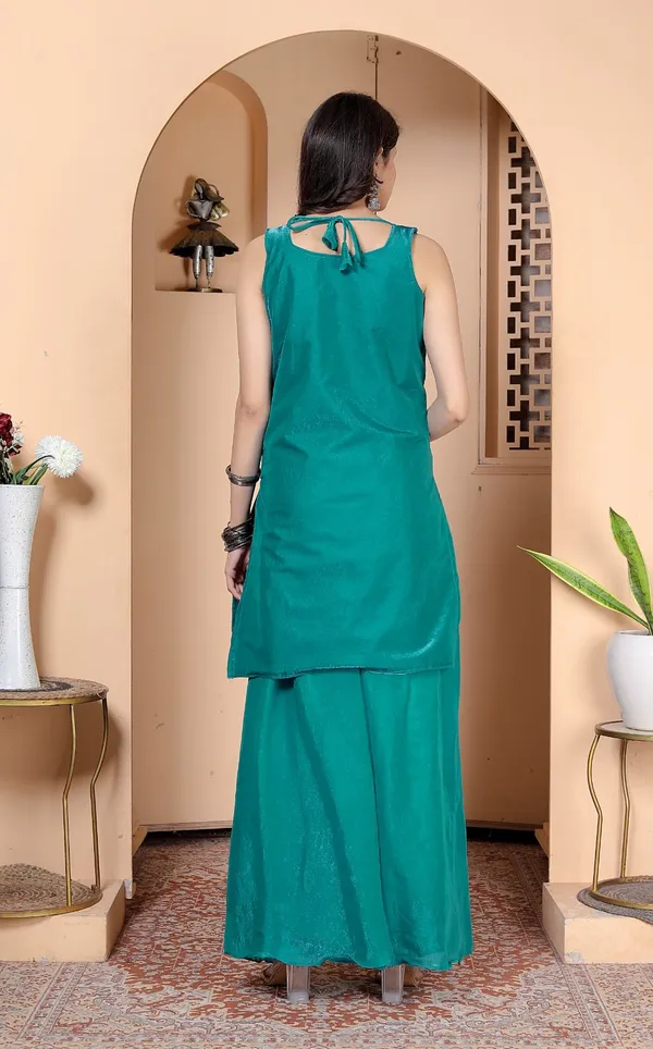 Teal_Green_Silk_Embroidered_Kurti_Palazzo_Set_With_Dupatta_For_Women_And_Girls
