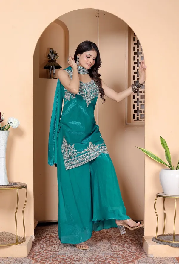 Teal_Green_Silk_Embroidered_Kurti_Palazzo_Set_With_Dupatta_For_Women_And_Girls