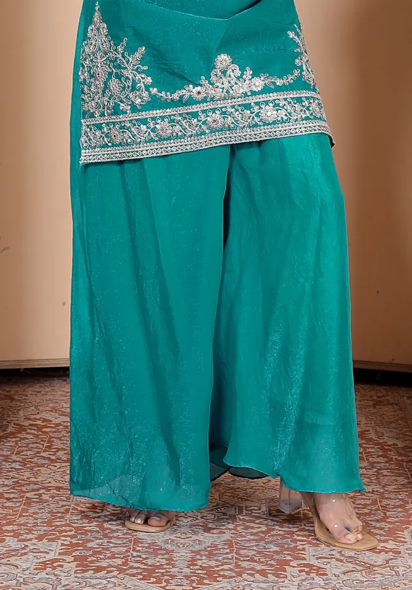 Teal_Green_Silk_Embroidered_Kurti_Palazzo_Set_With_Dupatta_For_Women_And_Girls