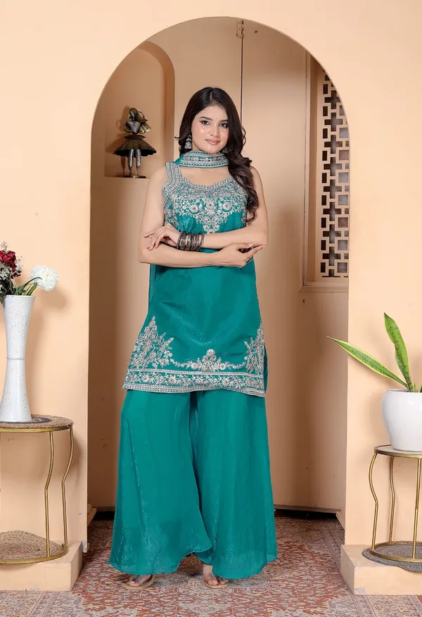 Teal_Green_Silk_Embroidered_Kurti_Palazzo_Set_With_Dupatta_For_Women_And_Girls
