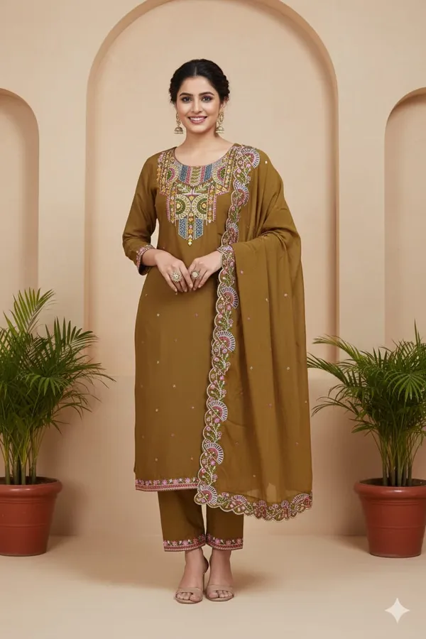 Golden_Hour_Vibes:_Mustard_Brown_Ethnic_Wear_with_Intricate_Threadwork