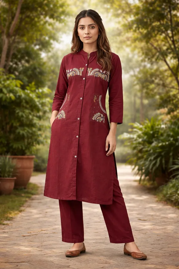 Pack_Of_2_-_Maroon_And_Green_Cotton_Stitched_Kurti_With_Bottomwear_For_Women