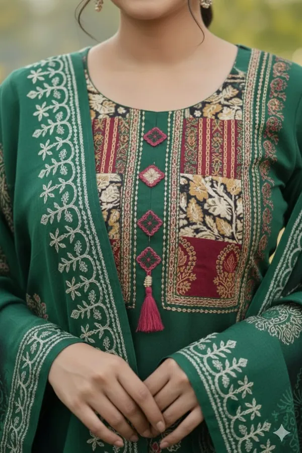 Women’s_Ethnic_Wear:_Forest_Green_Suit_with_Patchwork_Detail