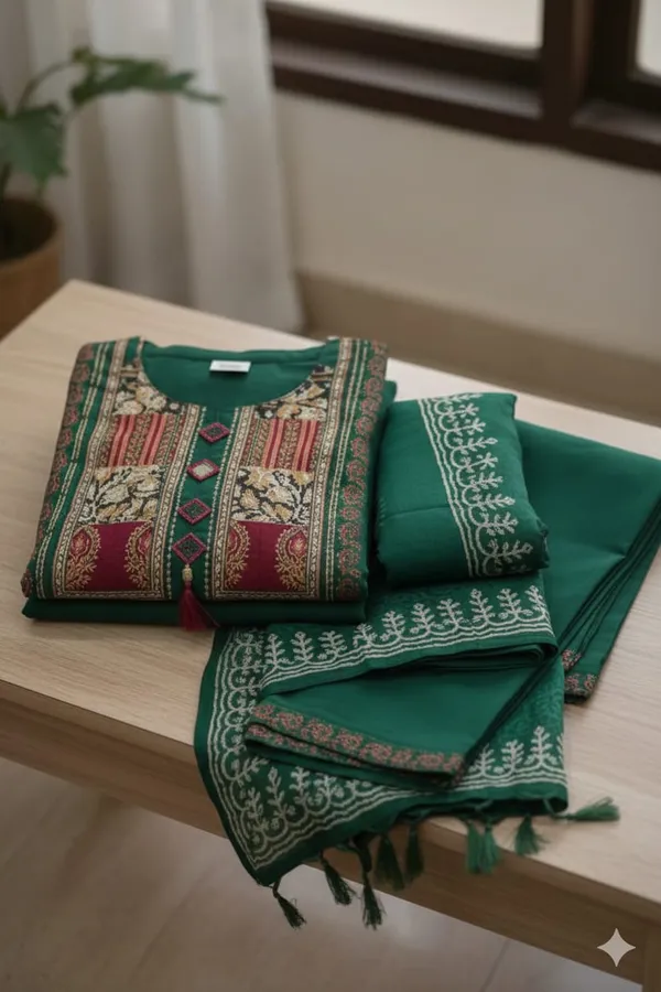 Women’s_Ethnic_Wear:_Forest_Green_Suit_with_Patchwork_Detail