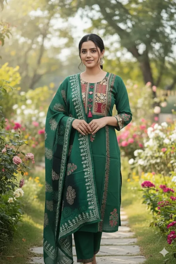 Women’s_Ethnic_Wear:_Forest_Green_Suit_with_Patchwork_Detail