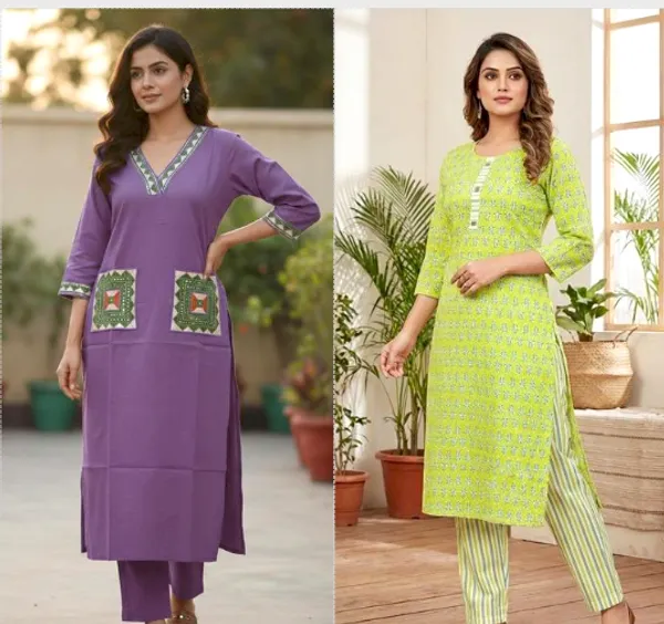 Pack_Of_2_-_Light_Green_And_Purple_Cotton_Stitched_Kurti_With_Bottomwear_For_Women