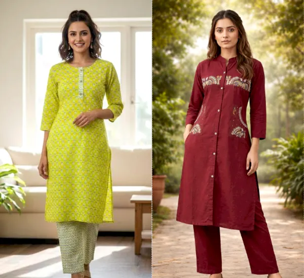 Pack_Of_2_-_Maroon_And_Green_Cotton_Stitched_Kurti_With_Bottomwear_For_Women