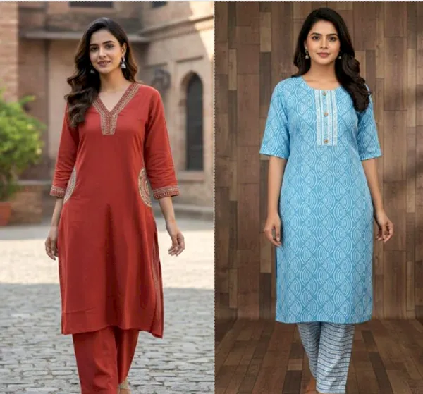 Pack_Of_2_-_Red_And_Blue_Cotton_Stitched_Kurti_With_Bottomwear_For_Women