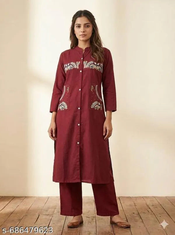 Pack_Of_2_-_Maroon_And_Green_Cotton_Stitched_Kurti_With_Bottomwear_For_Women
