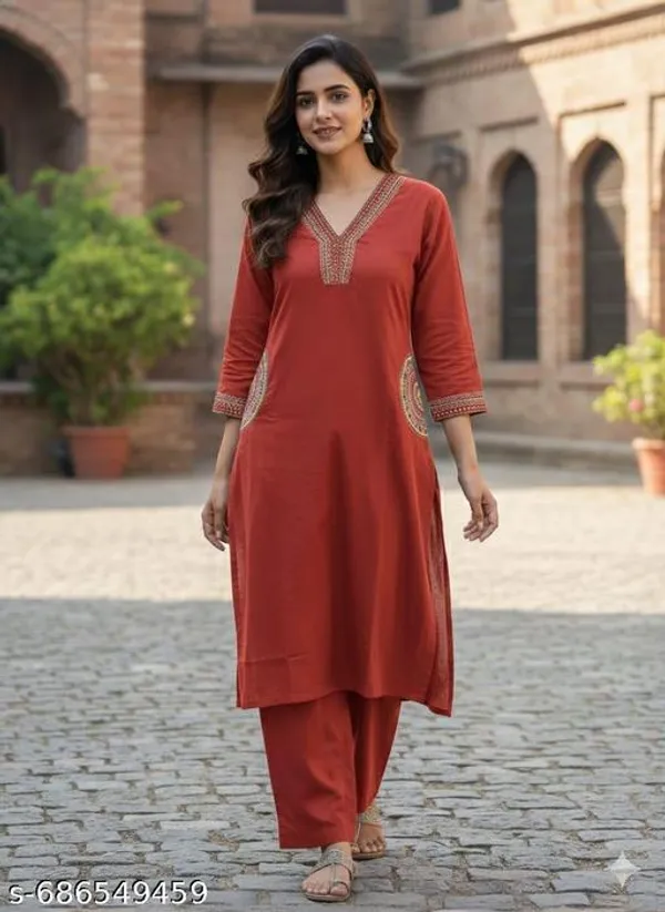 Pack_Of_2_-_Red_And_Blue_Cotton_Stitched_Kurti_With_Bottomwear_For_Women