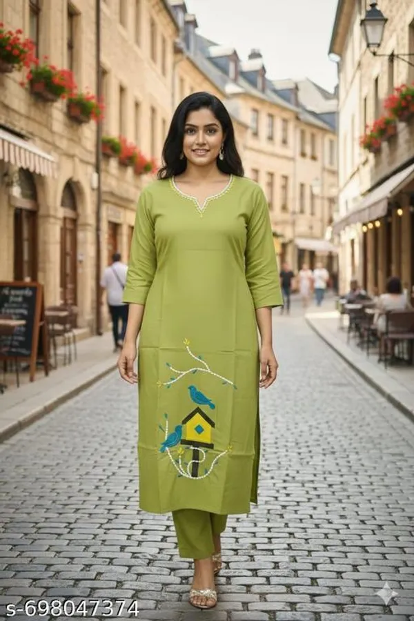 Olive_Cotton_Stitched_Kurti_With_Bottomwear_For_Women