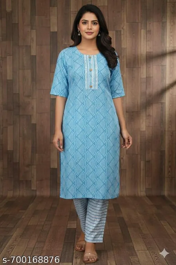Pack_Of_2_-_Blue_And_Dark_Green_Cotton_Stitched_Kurti_With_Bottomwear_For_Women